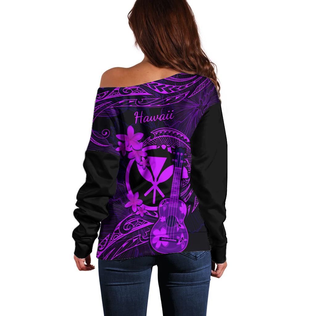 Hawaii Off Shoulder Sweater Ukulele Mix Polynesian Plumeria Purple Version LT14 - Polynesian Pride