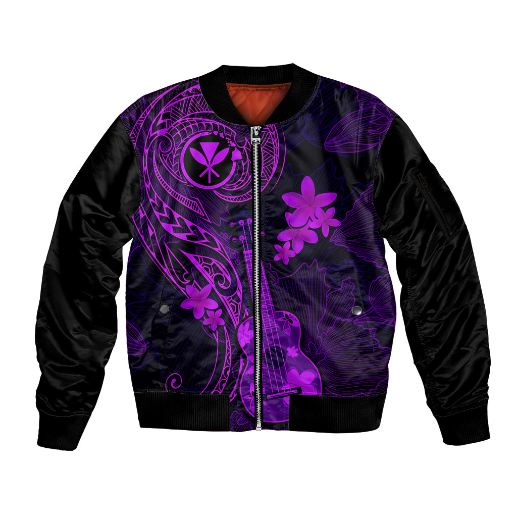 Hawaii Sleeve Zip Bomber Jacket Ukulele Mix Polynesian Plumeria Purple Version LT14 Unisex Purple - Polynesian Pride