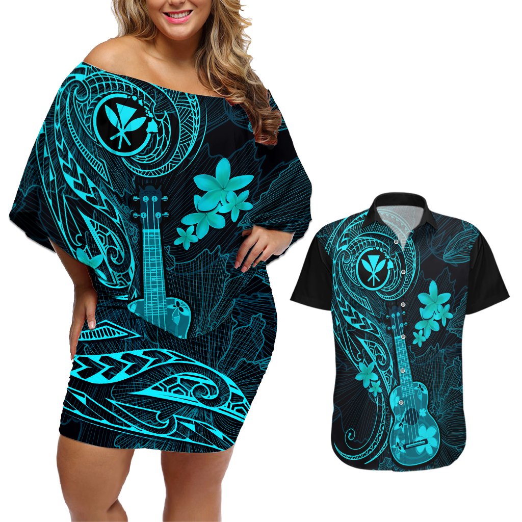 hawaii-couples-matching-off-shoulder-short-dress-and-hawaiian-shirt-ukulele-mix-polynesian-plumeria-turquoise-version