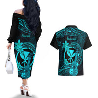 Hawaii Couples Matching Off The Shoulder Long Sleeve Dress and Hawaiian Shirt Ukulele Mix Polynesian Plumeria Turquoise Version LT14 - Polynesian Pride