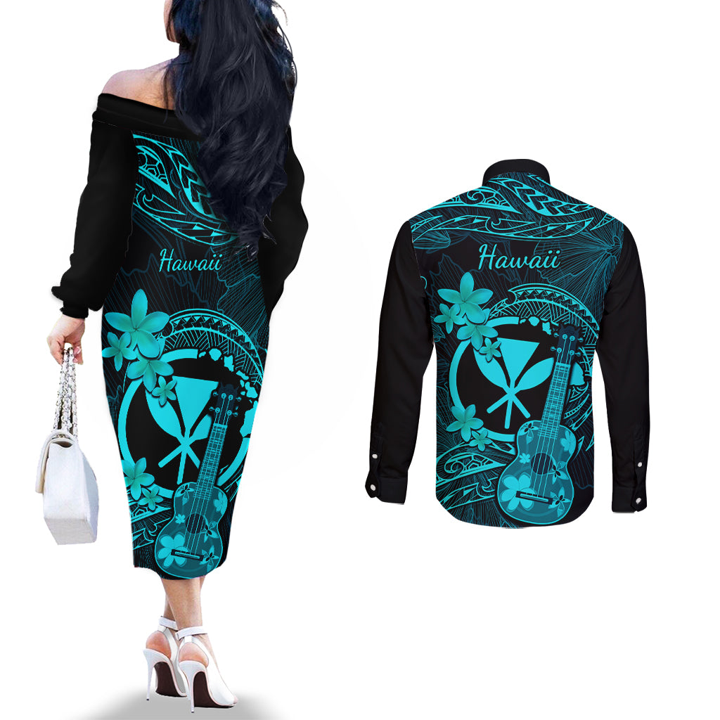 hawaii-couples-matching-off-the-shoulder-long-sleeve-dress-and-long-sleeve-button-shirts-ukulele-mix-polynesian-plumeria-turquoise-version