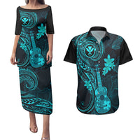 Hawaii Couples Matching Puletasi Dress and Hawaiian Shirt Ukulele Mix Polynesian Plumeria Turquoise Version LT14 Turquoise - Polynesian Pride