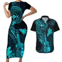 Hawaii Couples Matching Short Sleeve Bodycon Dress and Hawaiian Shirt Ukulele Mix Polynesian Plumeria Turquoise Version LT14 Turquoise - Polynesian Pride
