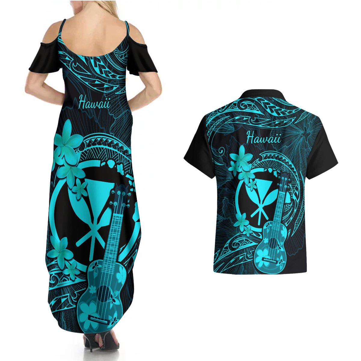 hawaii-couples-matching-summer-maxi-dress-and-hawaiian-shirt-ukulele-mix-polynesian-plumeria-turquoise-version