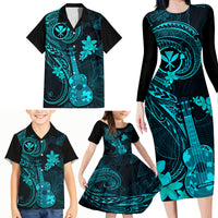 Hawaii Family Matching Long Sleeve Bodycon Dress and Hawaiian Shirt Ukulele Mix Polynesian Plumeria Turquoise Version LT14 - Polynesian Pride