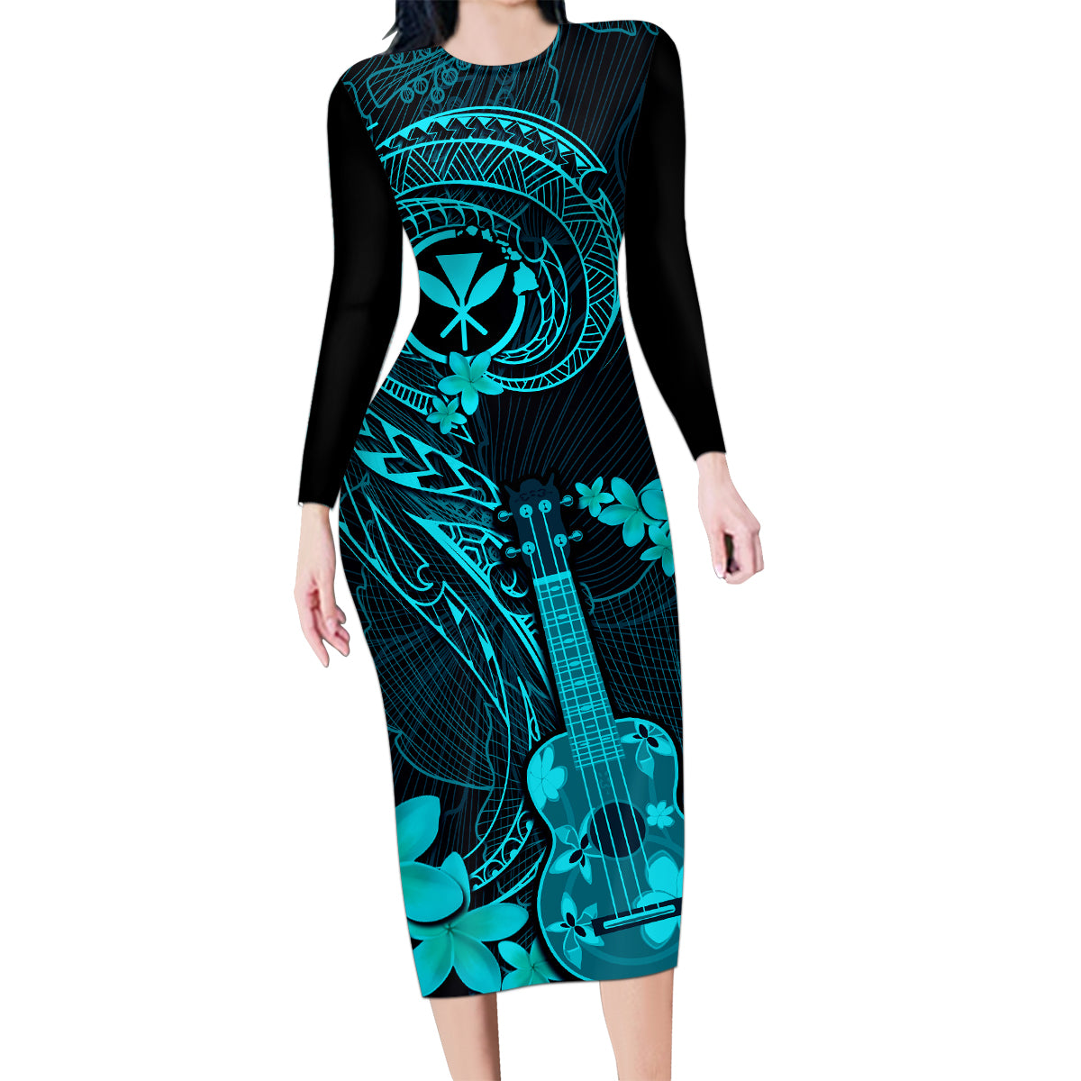 Hawaii Family Matching Long Sleeve Bodycon Dress and Hawaiian Shirt Ukulele Mix Polynesian Plumeria Turquoise Version LT14 Mom's Dress Turquoise - Polynesian Pride
