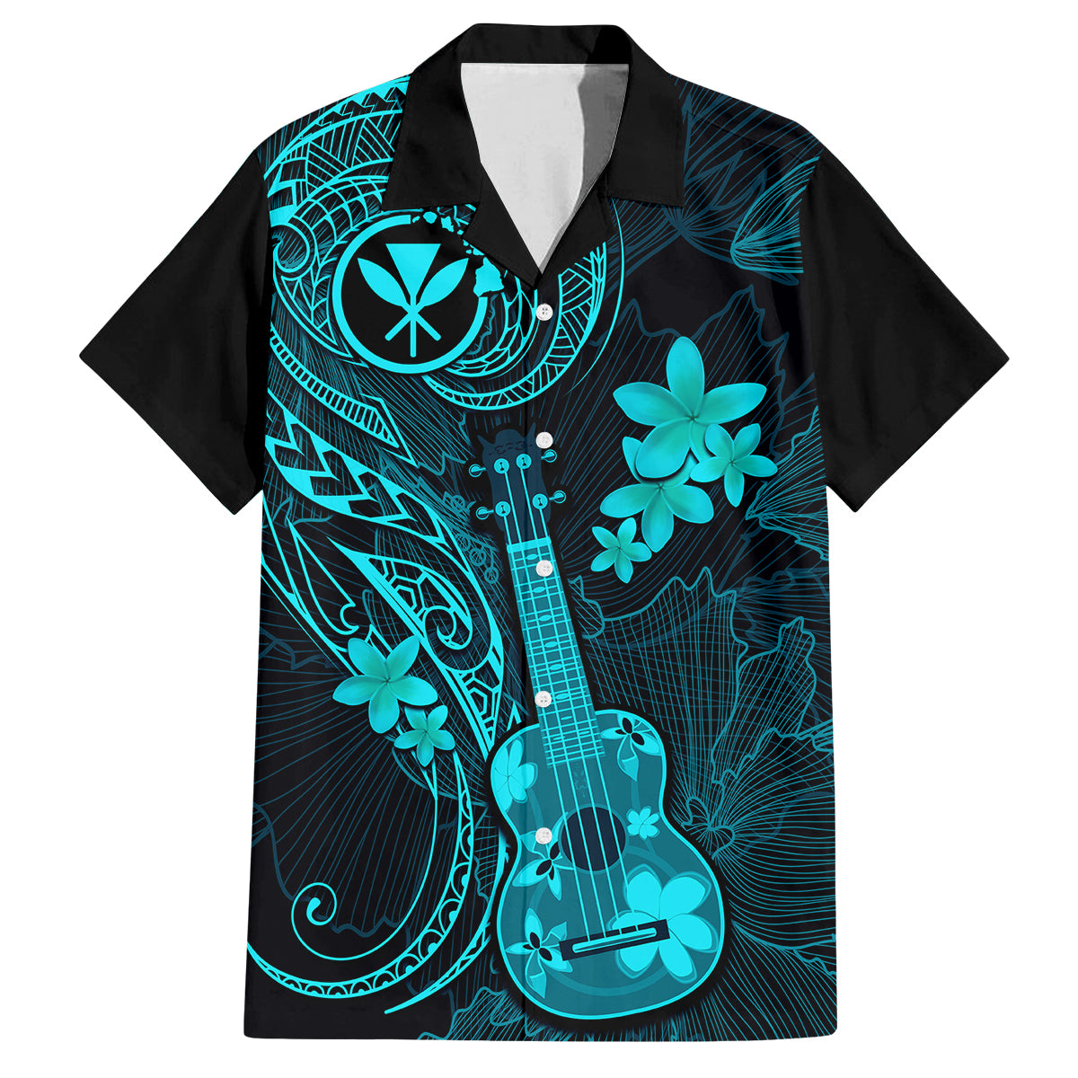 Hawaii Family Matching Mermaid Dress and Hawaiian Shirt Ukulele Mix Polynesian Plumeria Turquoise Version LT14 Dad's Shirt - Short Sleeve Turquoise - Polynesian Pride