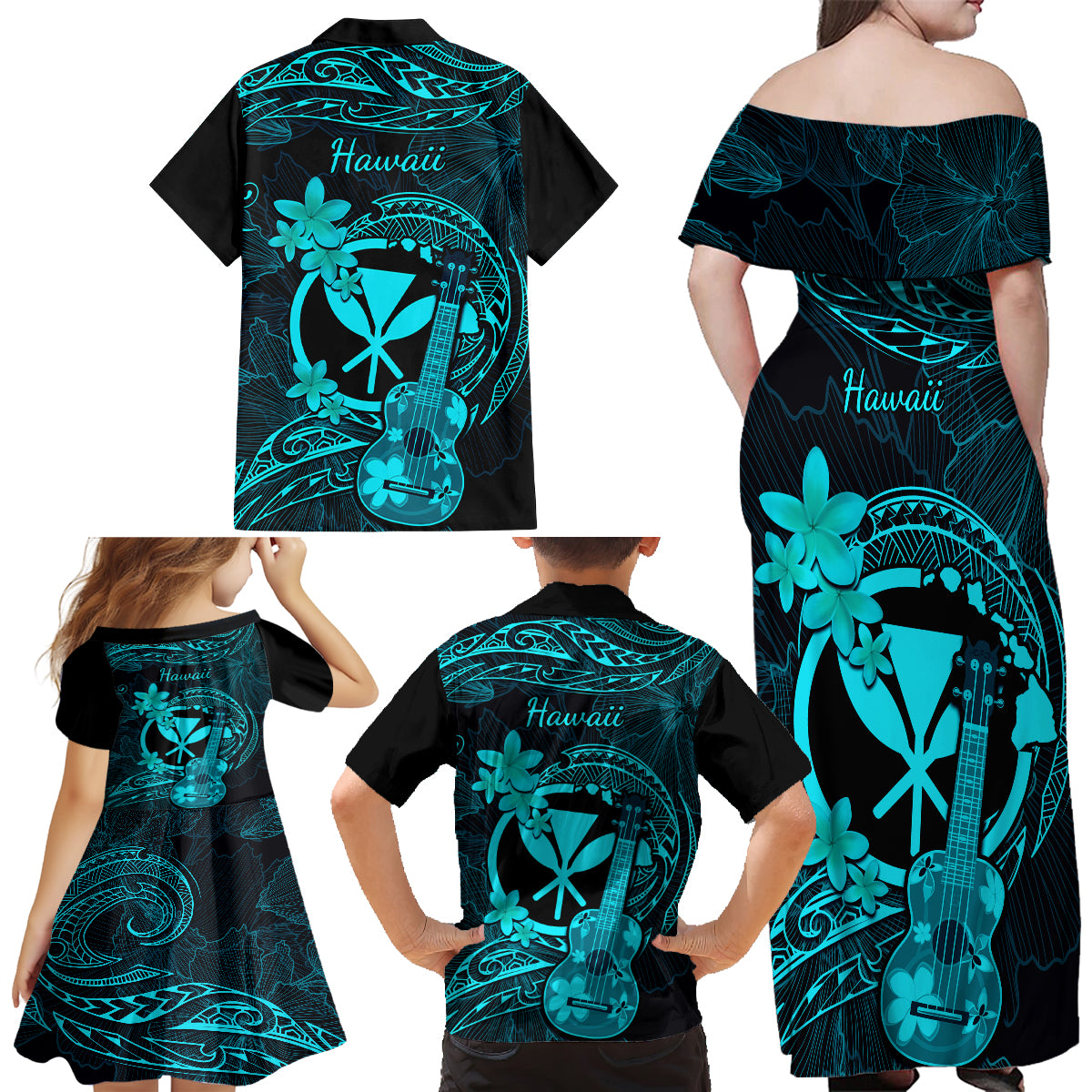 Hawaii Family Matching Off Shoulder Long Sleeve Dress and Hawaiian Shirt Ukulele Mix Polynesian Plumeria Turquoise Version LT14 - Polynesian Pride