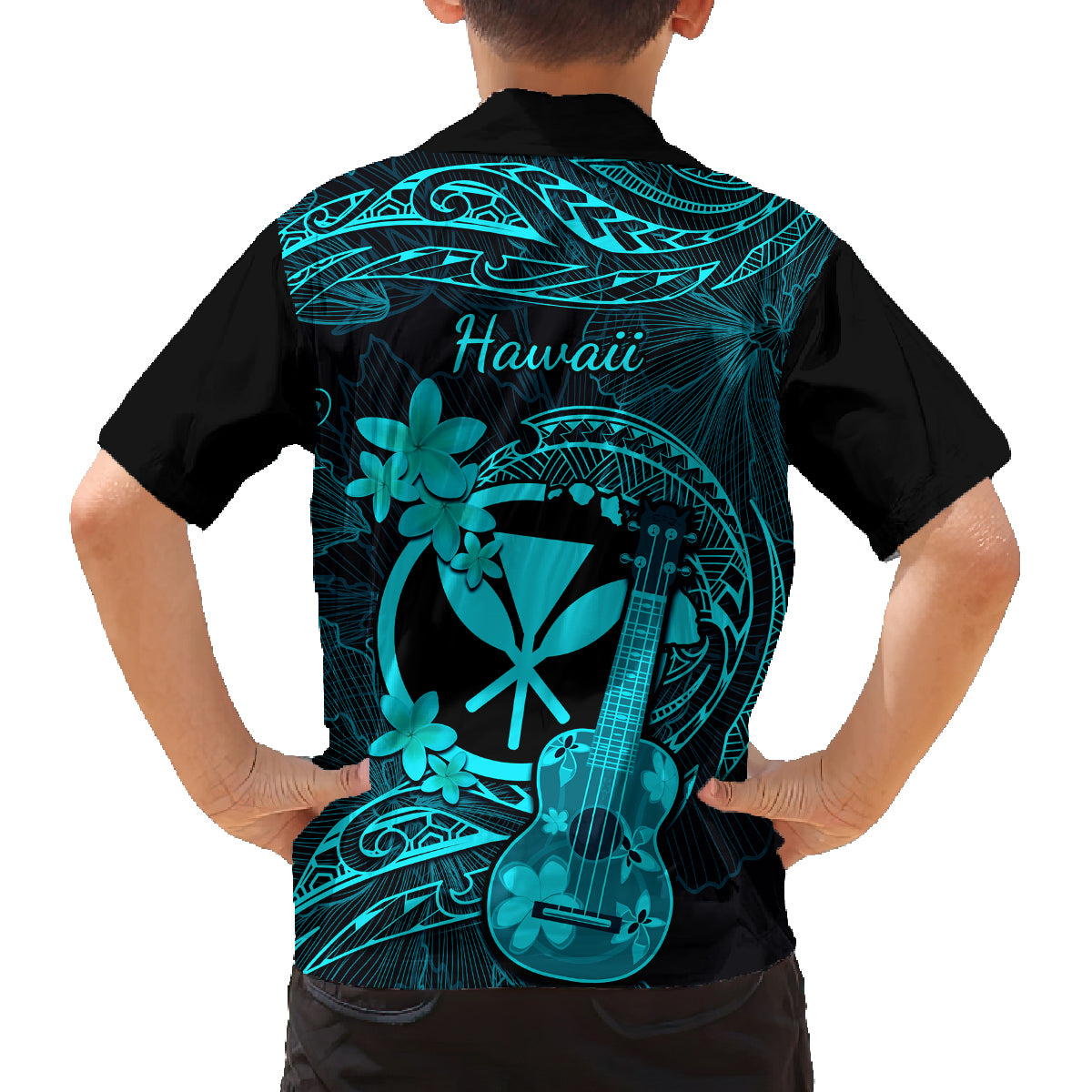 Hawaii Family Matching Off Shoulder Maxi Dress and Hawaiian Shirt Ukulele Mix Polynesian Plumeria Turquoise Version LT14 - Polynesian Pride