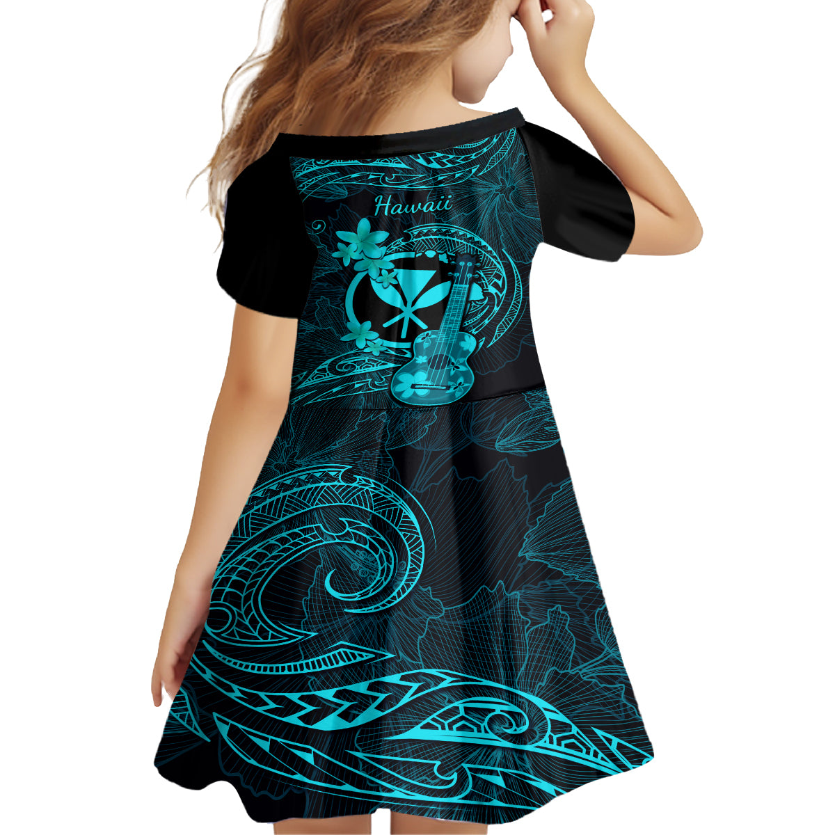 Hawaii Family Matching Off Shoulder Maxi Dress and Hawaiian Shirt Ukulele Mix Polynesian Plumeria Turquoise Version LT14 - Polynesian Pride