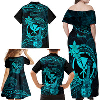 Hawaii Family Matching Off Shoulder Maxi Dress and Hawaiian Shirt Ukulele Mix Polynesian Plumeria Turquoise Version LT14 - Polynesian Pride