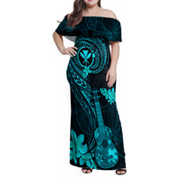 Hawaii Family Matching Off Shoulder Maxi Dress and Hawaiian Shirt Ukulele Mix Polynesian Plumeria Turquoise Version LT14 Mom's Dress Turquoise - Polynesian Pride