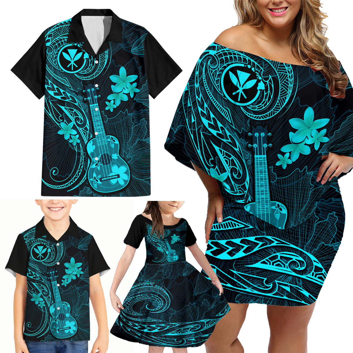 Hawaii Family Matching Off Shoulder Short Dress and Hawaiian Shirt Ukulele Mix Polynesian Plumeria Turquoise Version LT14 - Polynesian Pride
