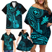 Hawaii Family Matching Off Shoulder Short Dress and Hawaiian Shirt Ukulele Mix Polynesian Plumeria Turquoise Version LT14 - Polynesian Pride