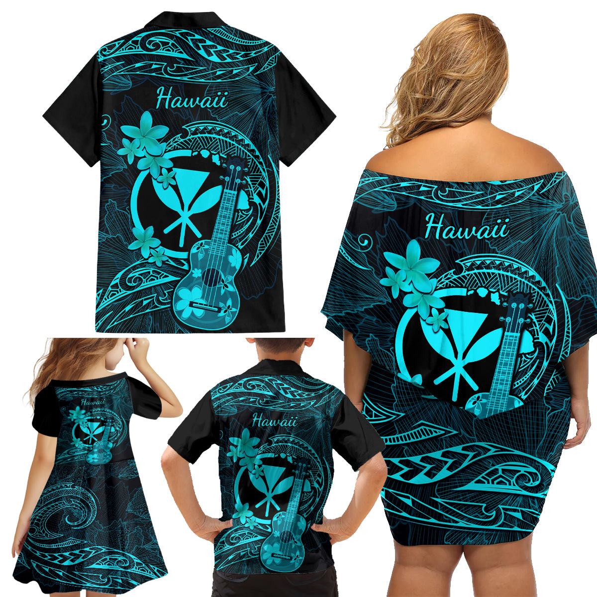 Hawaii Family Matching Off Shoulder Short Dress and Hawaiian Shirt Ukulele Mix Polynesian Plumeria Turquoise Version LT14 - Polynesian Pride