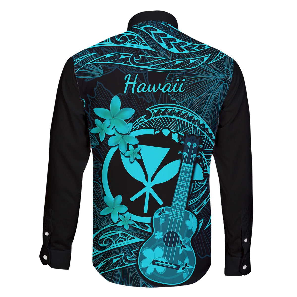 Hawaii Family Matching Off Shoulder Short Dress and Hawaiian Shirt Ukulele Mix Polynesian Plumeria Turquoise Version LT14 - Polynesian Pride