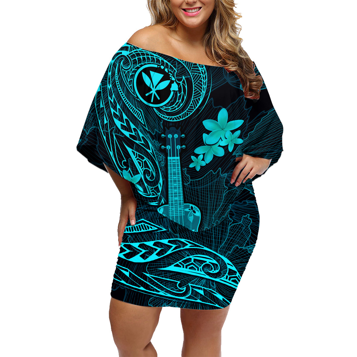 Hawaii Family Matching Off Shoulder Short Dress and Hawaiian Shirt Ukulele Mix Polynesian Plumeria Turquoise Version LT14 Mom's Dress Turquoise - Polynesian Pride
