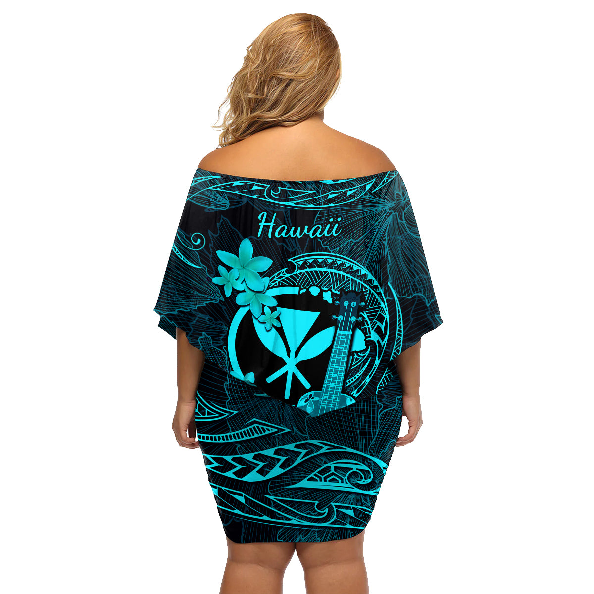 Hawaii Family Matching Off Shoulder Short Dress and Hawaiian Shirt Ukulele Mix Polynesian Plumeria Turquoise Version LT14 - Polynesian Pride