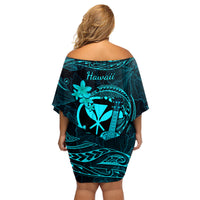 Hawaii Family Matching Off Shoulder Short Dress and Hawaiian Shirt Ukulele Mix Polynesian Plumeria Turquoise Version LT14 - Polynesian Pride