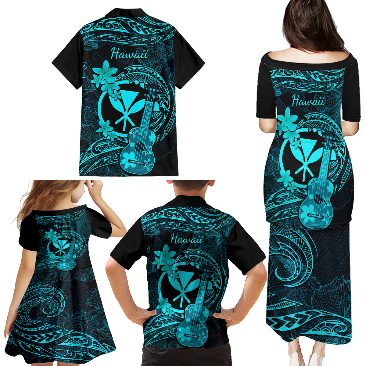 Hawaii Family Matching Puletasi Dress and Hawaiian Shirt Ukulele Mix Polynesian Plumeria Turquoise Version LT14 - Polynesian Pride