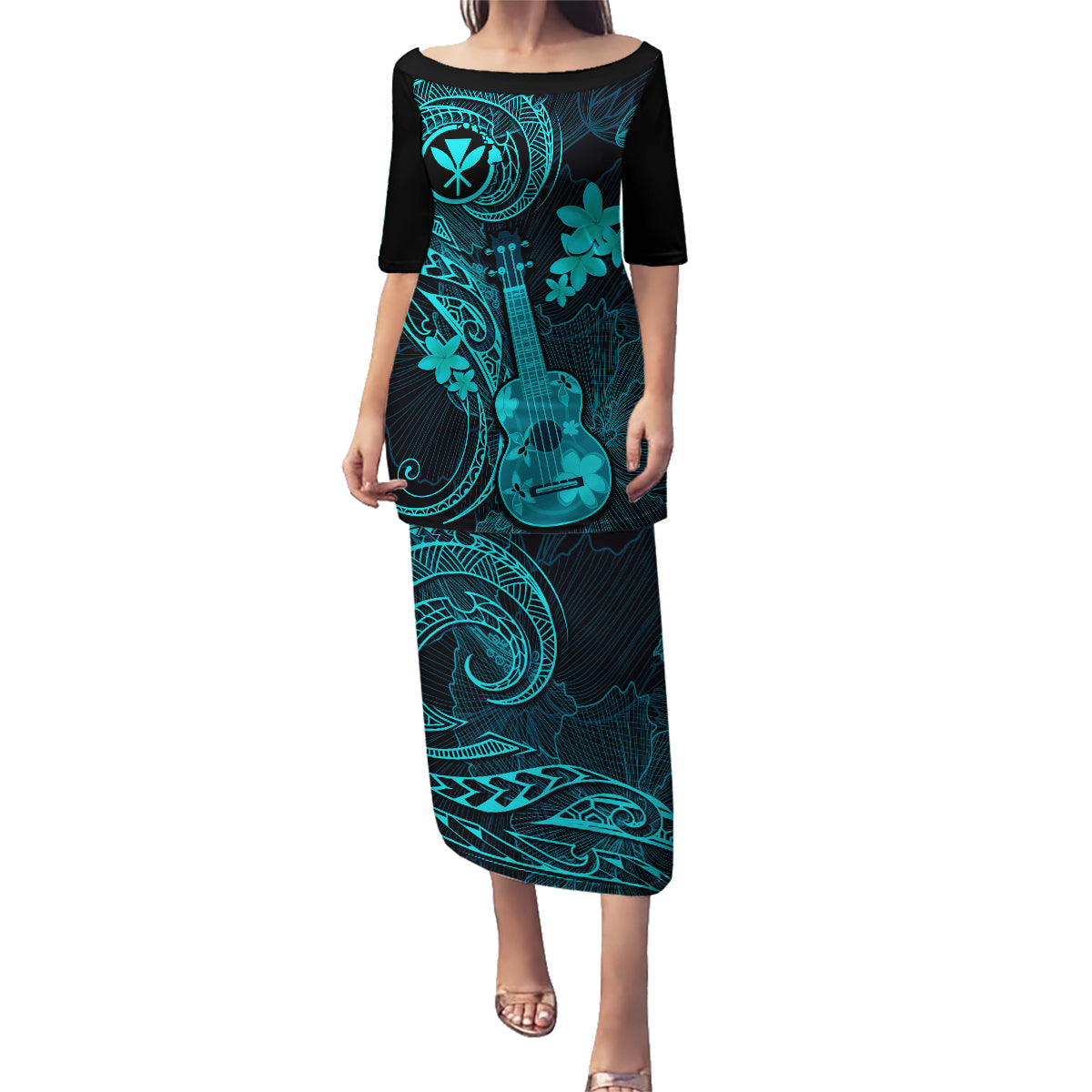 Hawaii Family Matching Puletasi Dress and Hawaiian Shirt Ukulele Mix Polynesian Plumeria Turquoise Version LT14 Mom's Dress Turquoise - Polynesian Pride