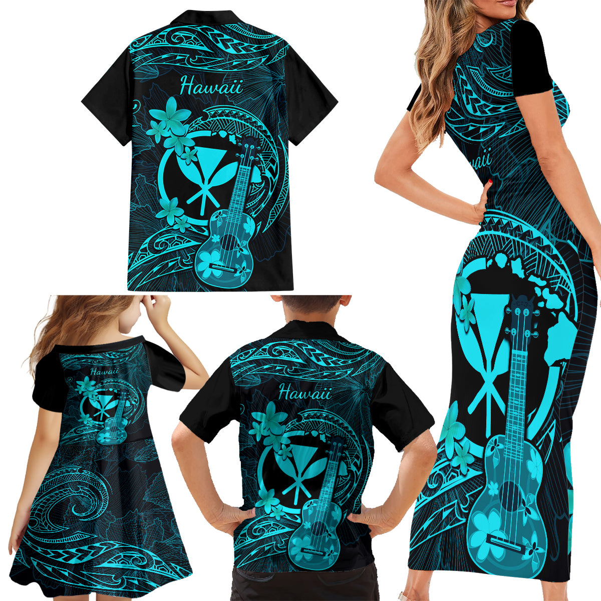 Hawaii Family Matching Short Sleeve Bodycon Dress and Hawaiian Shirt Ukulele Mix Polynesian Plumeria Turquoise Version LT14 - Polynesian Pride