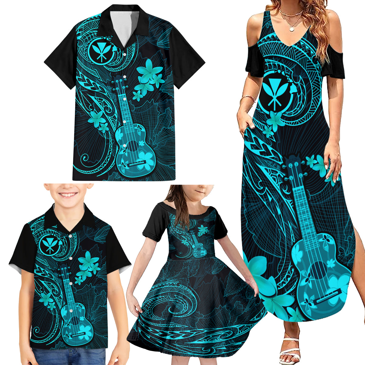 Hawaii Family Matching Summer Maxi Dress and Hawaiian Shirt Ukulele Mix Polynesian Plumeria Turquoise Version LT14 - Polynesian Pride