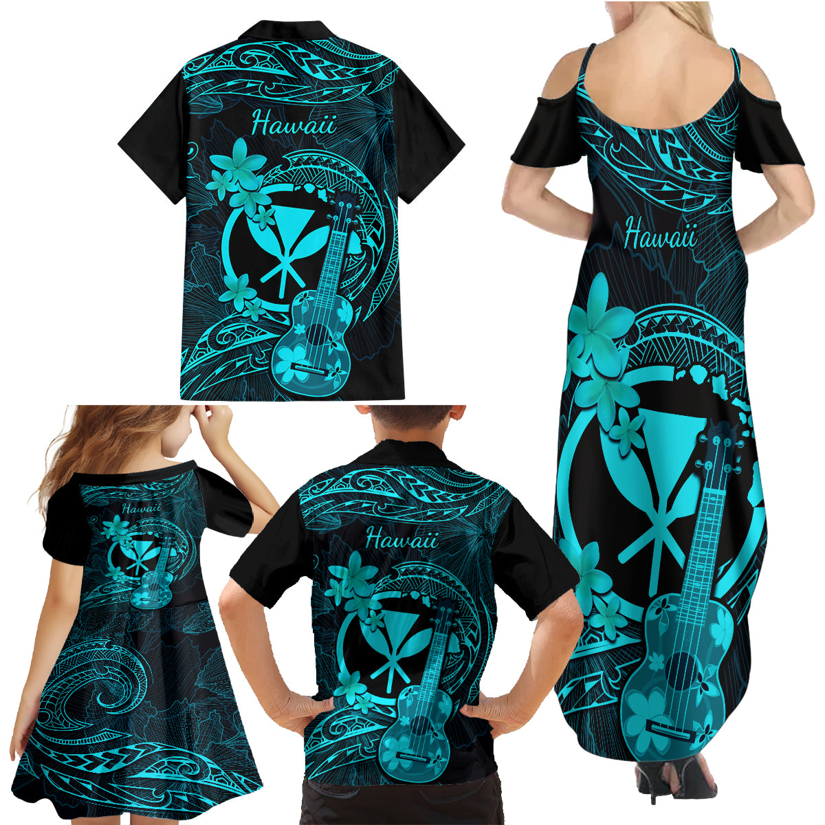 Hawaii Family Matching Summer Maxi Dress and Hawaiian Shirt Ukulele Mix Polynesian Plumeria Turquoise Version LT14 - Polynesian Pride