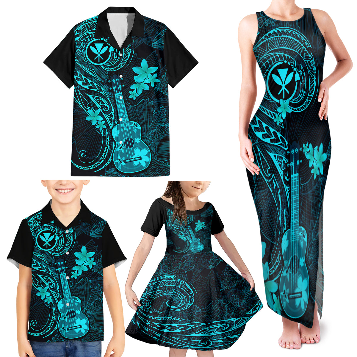Hawaii Family Matching Tank Maxi Dress and Hawaiian Shirt Ukulele Mix Polynesian Plumeria Turquoise Version LT14 - Polynesian Pride