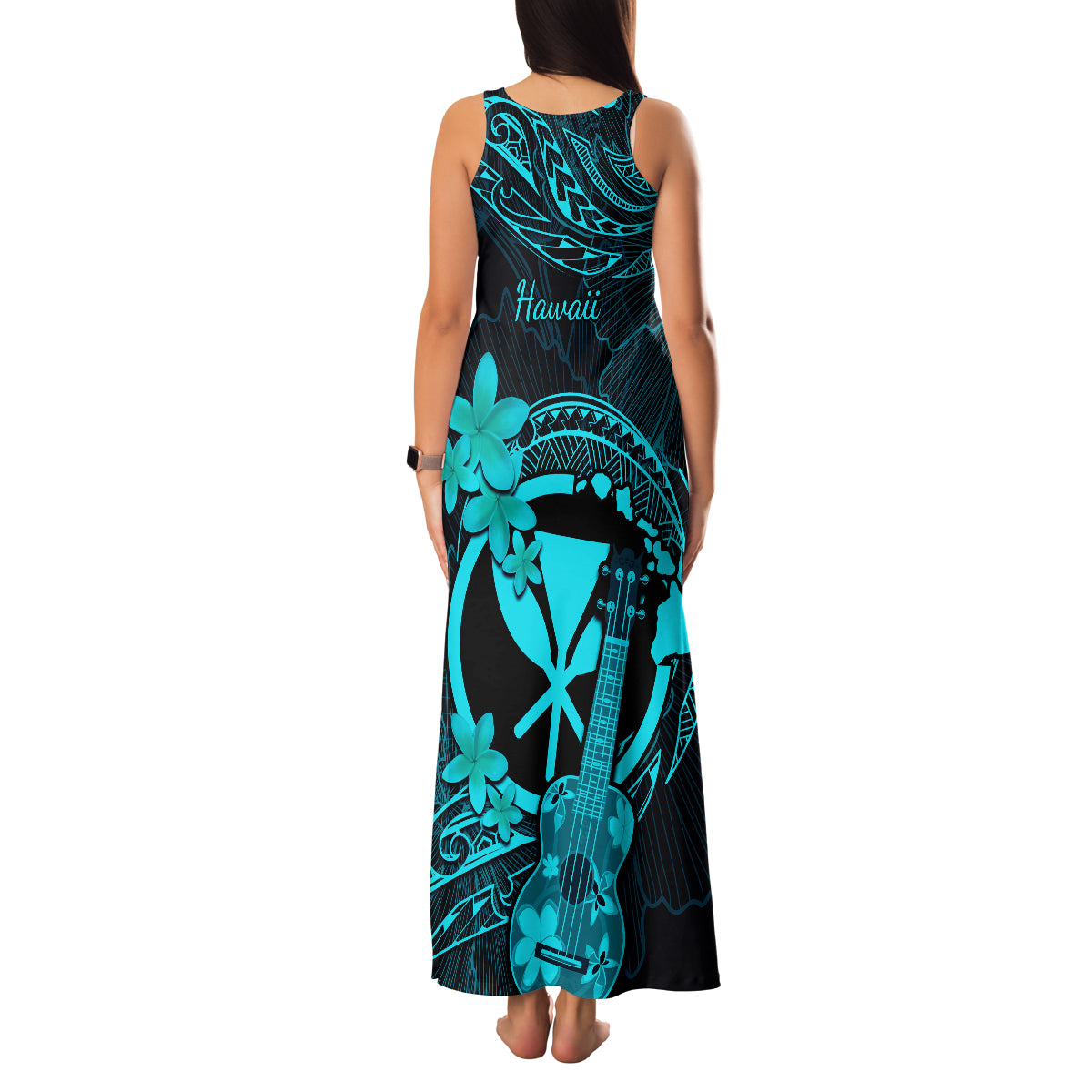 Hawaii Family Matching Tank Maxi Dress and Hawaiian Shirt Ukulele Mix Polynesian Plumeria Turquoise Version LT14 - Polynesian Pride