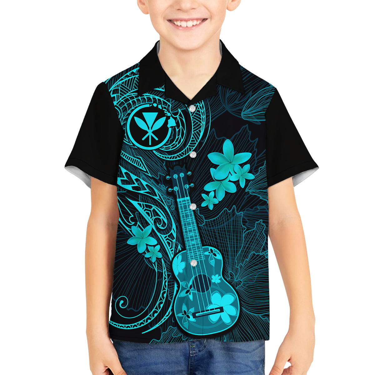 Hawaii Family Matching Tank Maxi Dress and Hawaiian Shirt Ukulele Mix Polynesian Plumeria Turquoise Version LT14 Son's Shirt Turquoise - Polynesian Pride