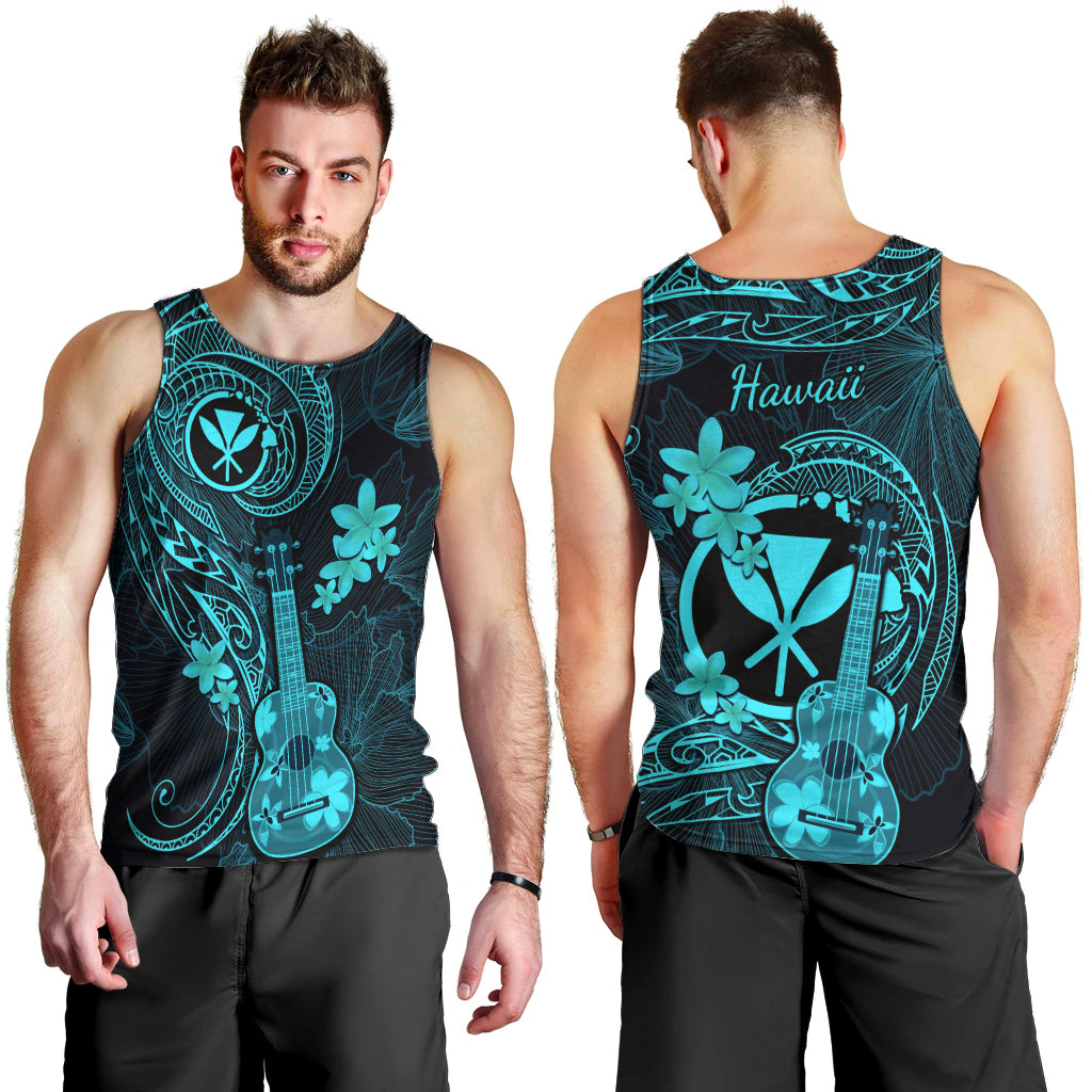Hawaii Men Tank Top Ukulele Mix Polynesian Plumeria Turquoise Version LT14 - Polynesian Pride