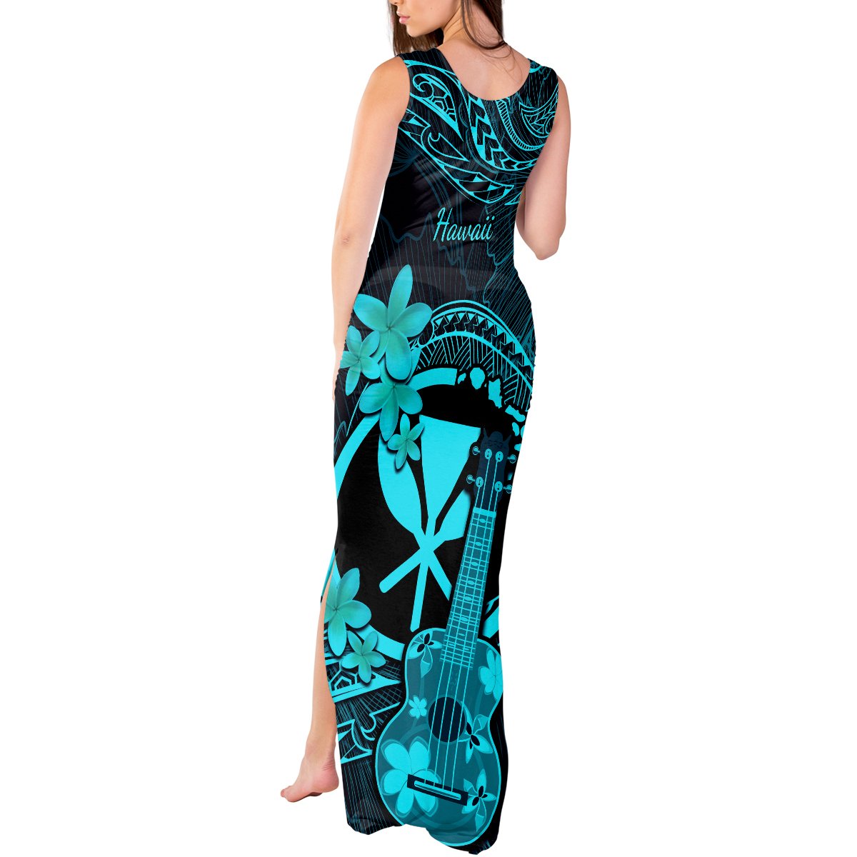hawaii-tank-maxi-dress-ukulele-mix-polynesian-plumeria-turquoise-version