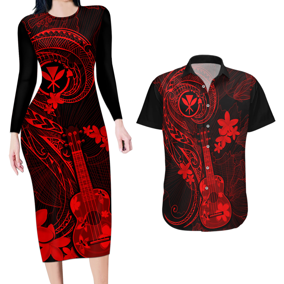 Hawaii Couples Matching Long Sleeve Bodycon Dress and Hawaiian Shirt Ukulele Mix Polynesian Plumeria Red Version LT14 Red - Polynesian Pride