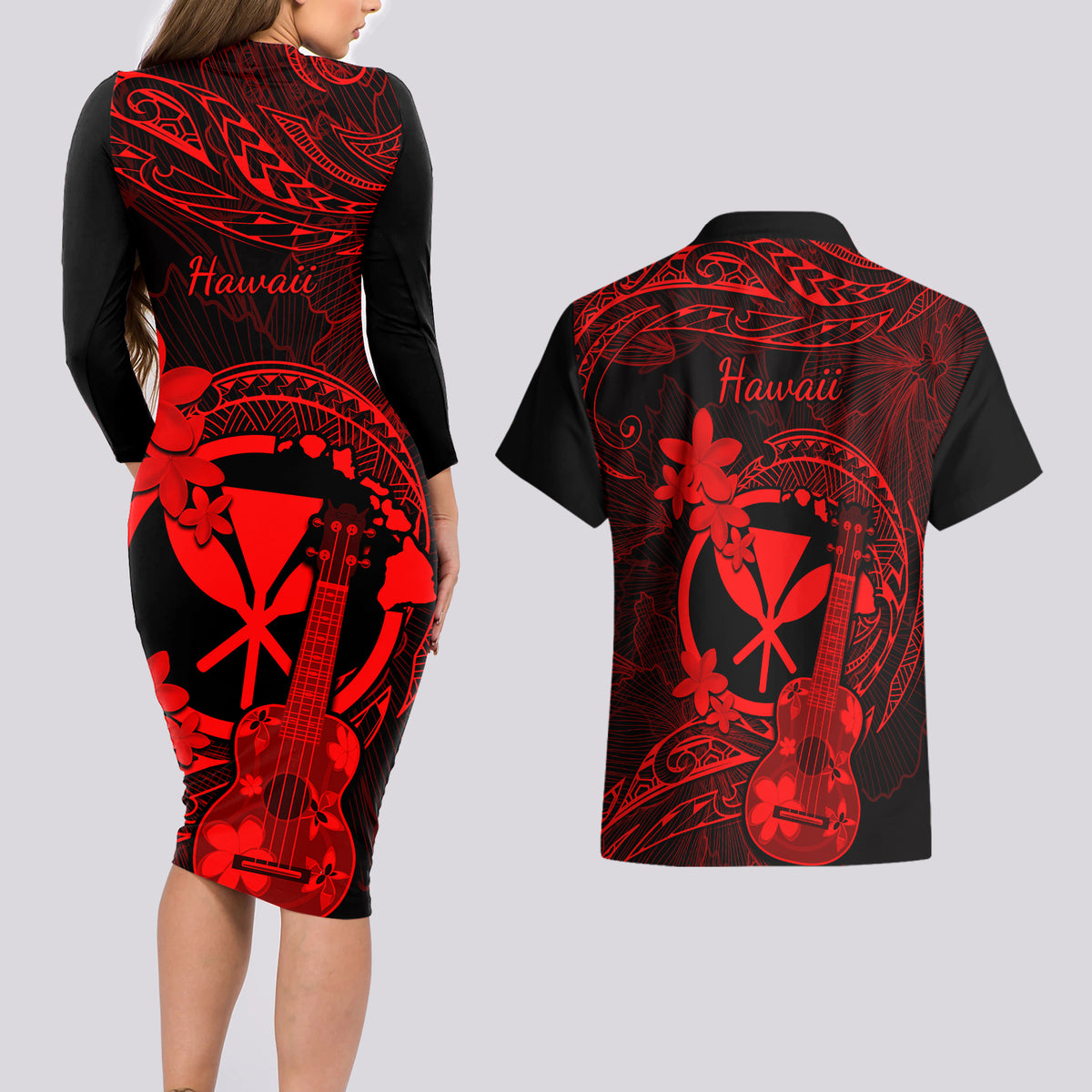 Hawaii Couples Matching Long Sleeve Bodycon Dress and Hawaiian Shirt Ukulele Mix Polynesian Plumeria Red Version LT14 - Polynesian Pride