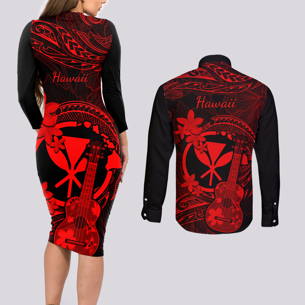 hawaii-couples-matching-long-sleeve-bodycon-dress-and-long-sleeve-button-shirts-ukulele-mix-polynesian-plumeria-red-version