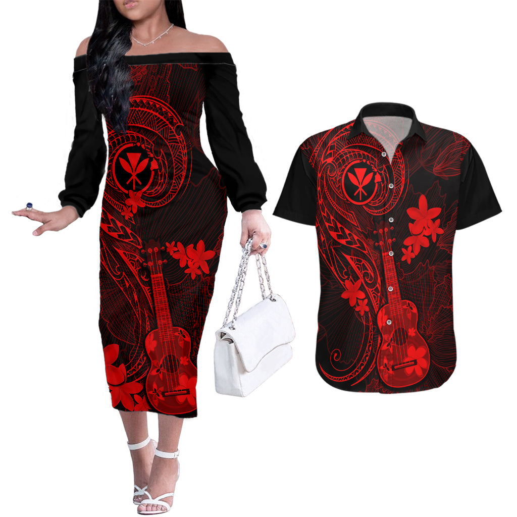 Hawaii Couples Matching Off The Shoulder Long Sleeve Dress and Hawaiian Shirt Ukulele Mix Polynesian Plumeria Red Version LT14 Red - Polynesian Pride