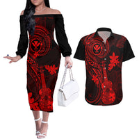 Hawaii Couples Matching Off The Shoulder Long Sleeve Dress and Hawaiian Shirt Ukulele Mix Polynesian Plumeria Red Version LT14 Red - Polynesian Pride