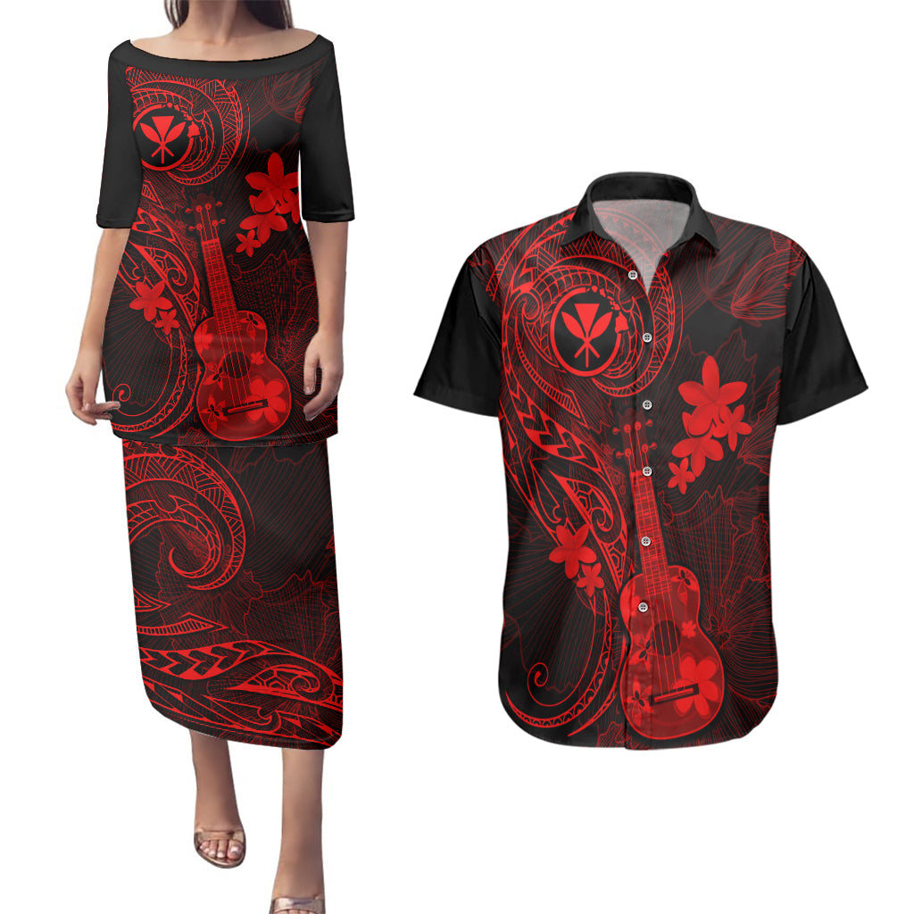 hawaii-couples-matching-puletasi-dress-and-hawaiian-shirt-ukulele-mix-polynesian-plumeria-red-version