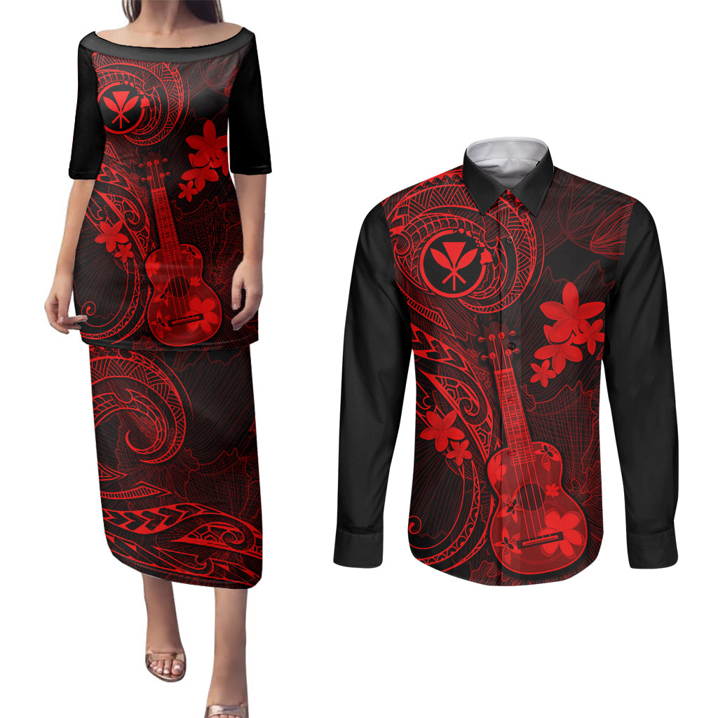 hawaii-couples-matching-puletasi-dress-and-long-sleeve-button-shirts-ukulele-mix-polynesian-plumeria-red-version