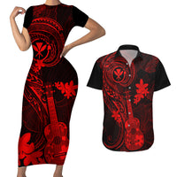 Hawaii Couples Matching Short Sleeve Bodycon Dress and Hawaiian Shirt Ukulele Mix Polynesian Plumeria Red Version LT14 Red - Polynesian Pride
