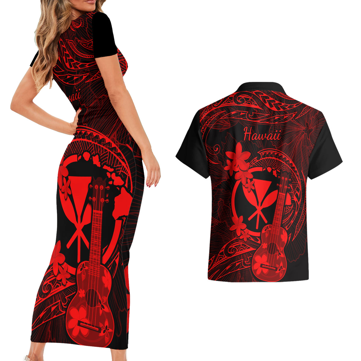 Hawaii Couples Matching Short Sleeve Bodycon Dress and Hawaiian Shirt Ukulele Mix Polynesian Plumeria Red Version LT14 - Polynesian Pride