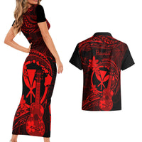 Hawaii Couples Matching Short Sleeve Bodycon Dress and Hawaiian Shirt Ukulele Mix Polynesian Plumeria Red Version LT14 - Polynesian Pride
