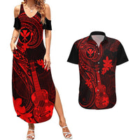 hawaii-couples-matching-summer-maxi-dress-and-hawaiian-shirt-ukulele-mix-polynesian-plumeria-red-version
