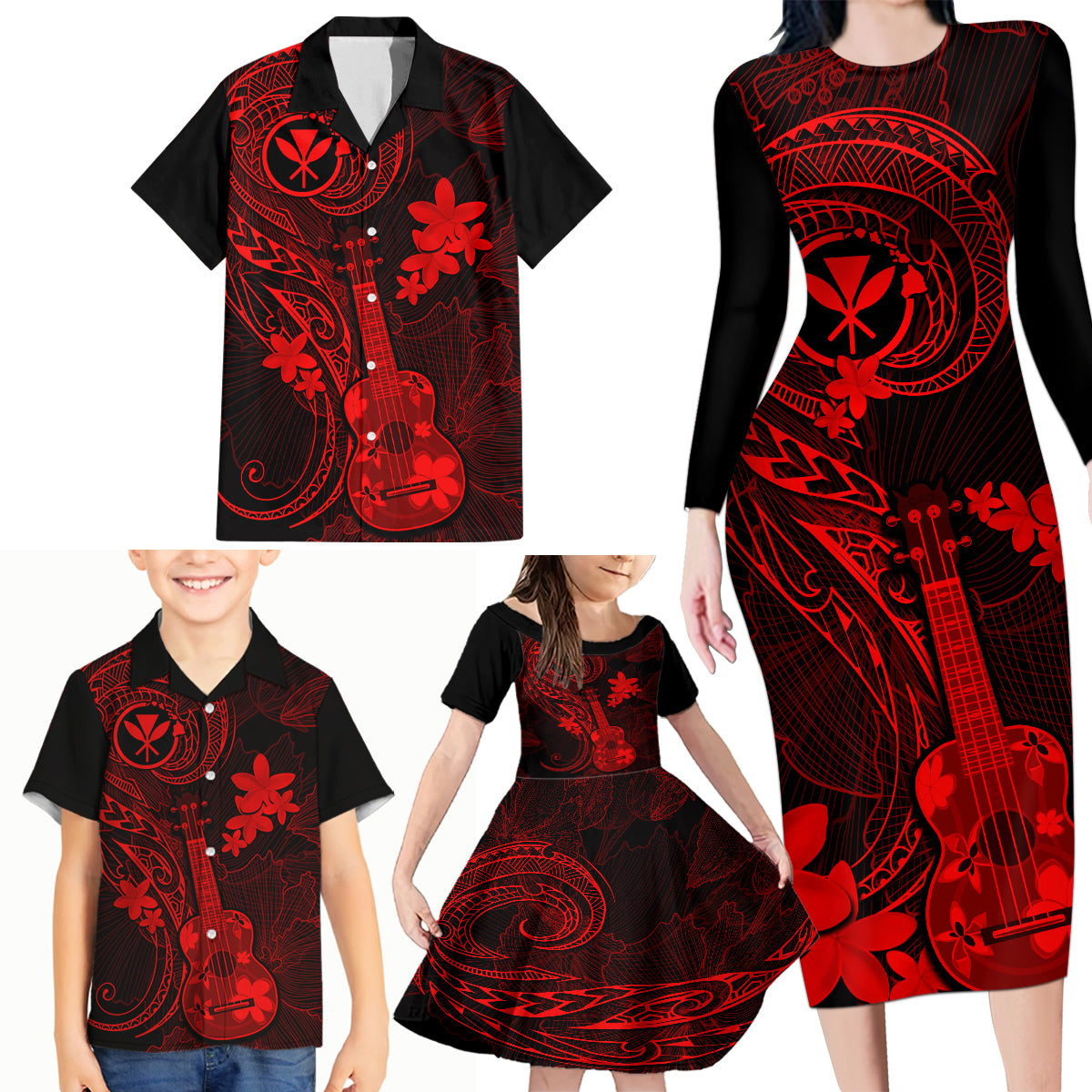 Hawaii Family Matching Long Sleeve Bodycon Dress and Hawaiian Shirt Ukulele Mix Polynesian Plumeria Red Version LT14 - Polynesian Pride