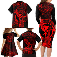 Hawaii Family Matching Long Sleeve Bodycon Dress and Hawaiian Shirt Ukulele Mix Polynesian Plumeria Red Version LT14 - Polynesian Pride