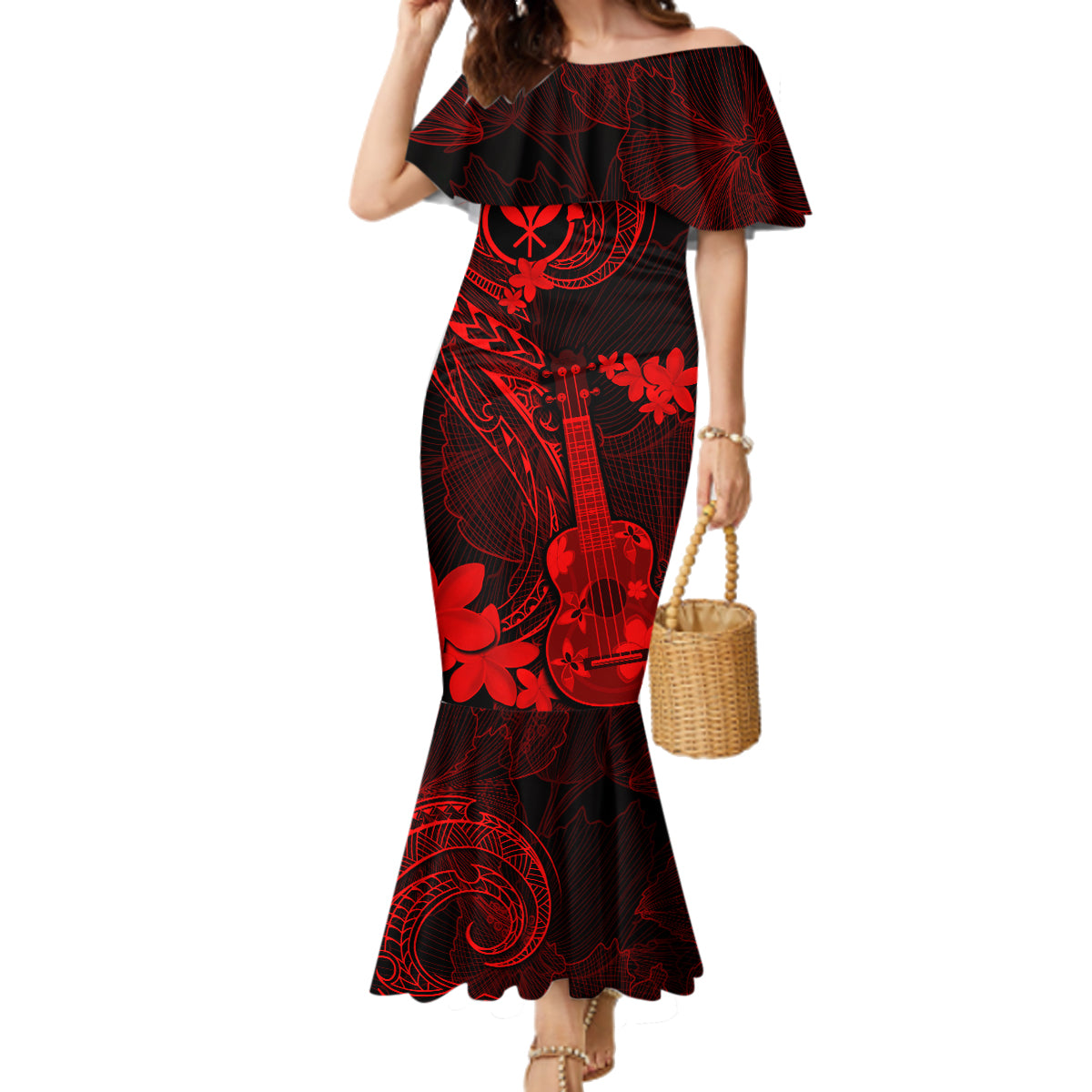 Hawaii Family Matching Mermaid Dress and Hawaiian Shirt Ukulele Mix Polynesian Plumeria Red Version LT14 Mom's Dress Red - Polynesian Pride