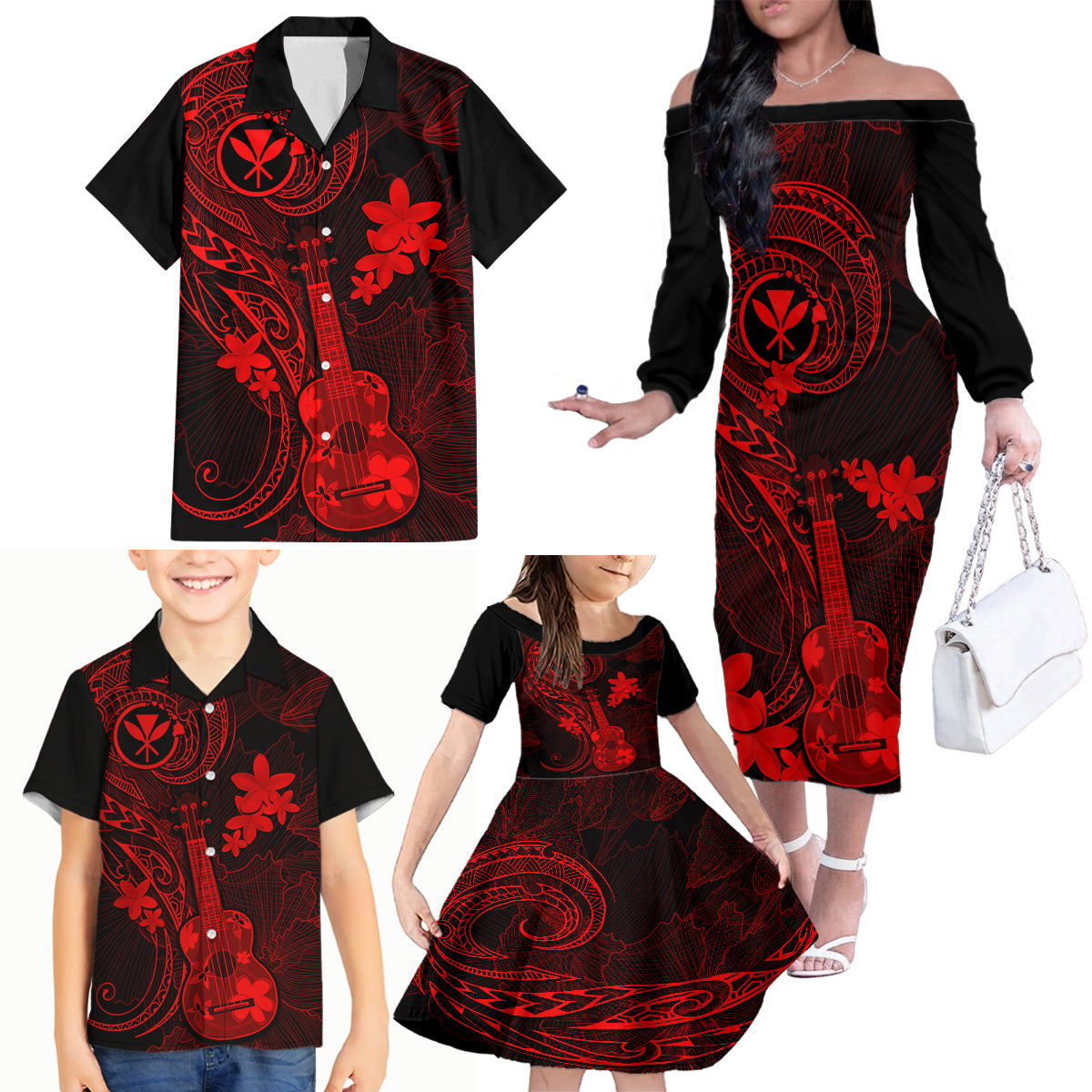 Hawaii Family Matching Off Shoulder Long Sleeve Dress and Hawaiian Shirt Ukulele Mix Polynesian Plumeria Red Version LT14 - Polynesian Pride