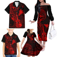 Hawaii Family Matching Off Shoulder Long Sleeve Dress and Hawaiian Shirt Ukulele Mix Polynesian Plumeria Red Version LT14 - Polynesian Pride
