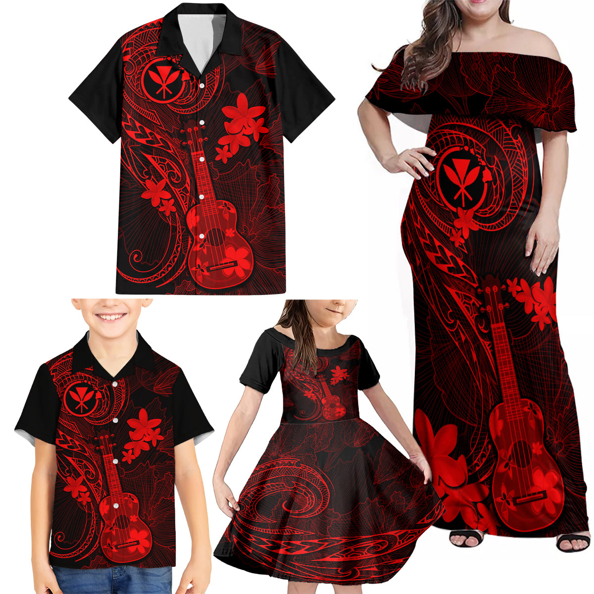 Hawaii Family Matching Off Shoulder Maxi Dress and Hawaiian Shirt Ukulele Mix Polynesian Plumeria Red Version LT14 - Polynesian Pride